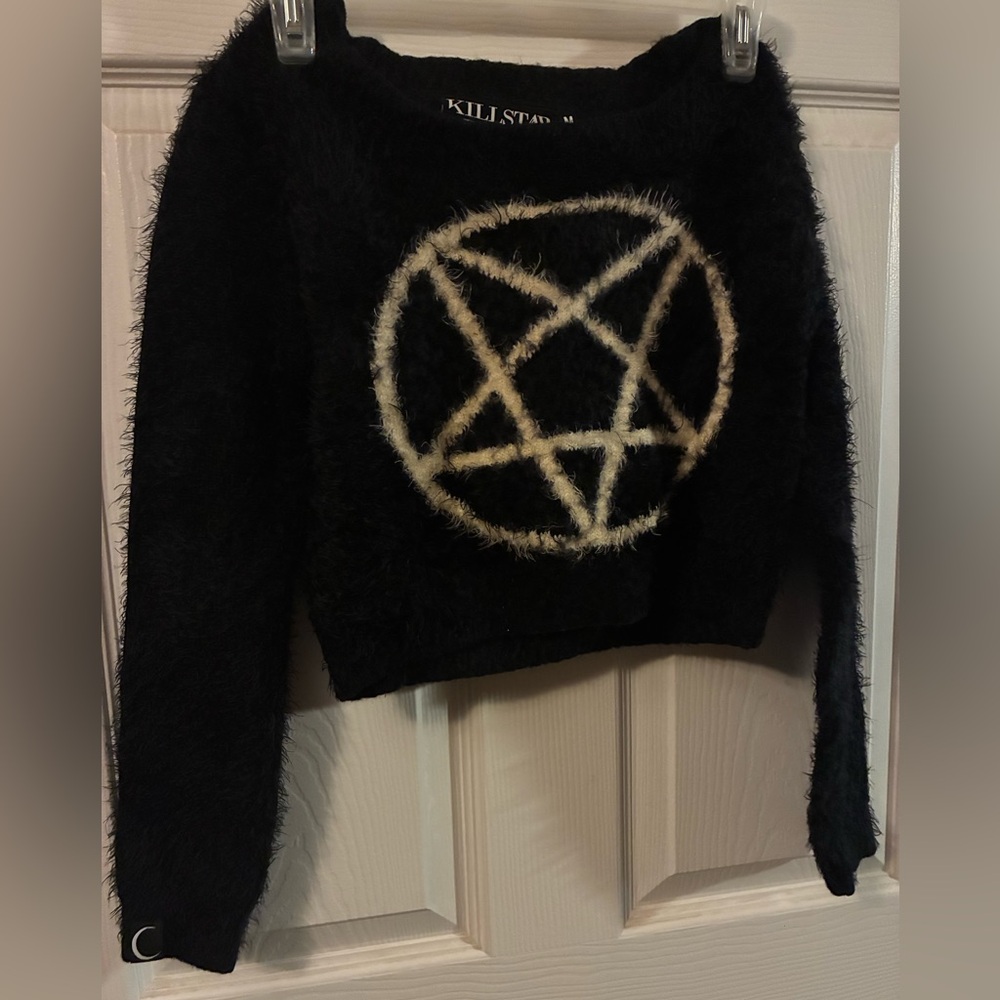Killstar Medium Black and White Fuzzy Crop Sweater with a Pentacle Design & Moon